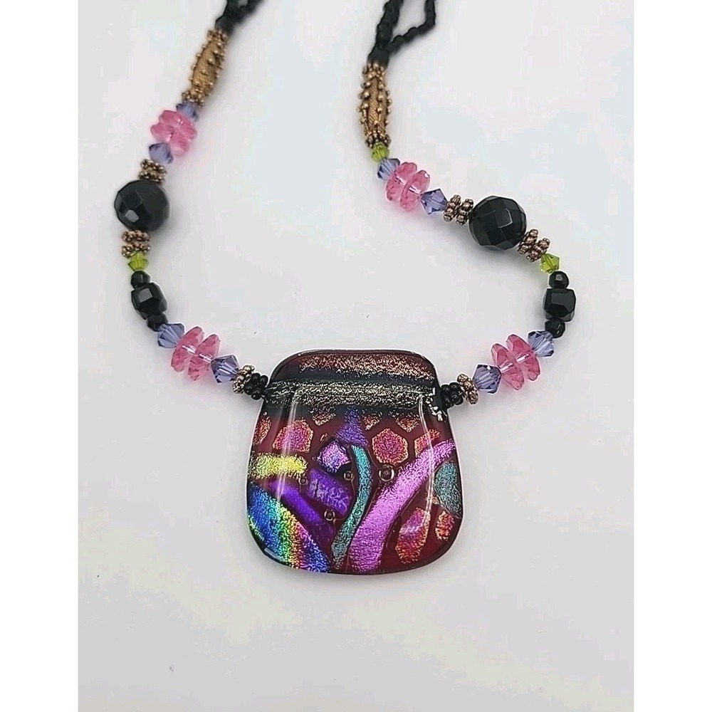 Vintage Modernist Art Glass Crystal Bead Dichroic Pink Black 90s Y2K Artisan 23"